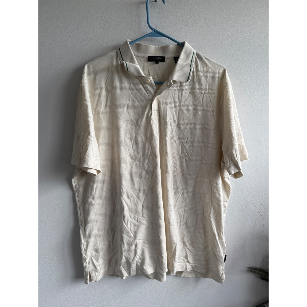 Ted Baker London Cream Textured Waffle Knit Polo Shirt Green Tipped Collar 6